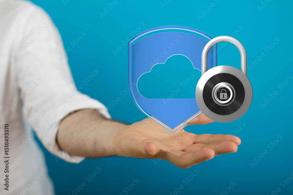 Poster image depicts a hand holding a digital shield and lock, symbolizing secure cloud data protection. id