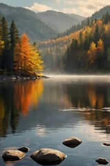 Tranquil Autumn Lake Landscape with Reflections, Stones, and Misty Mountains in Vertical Nature Scene