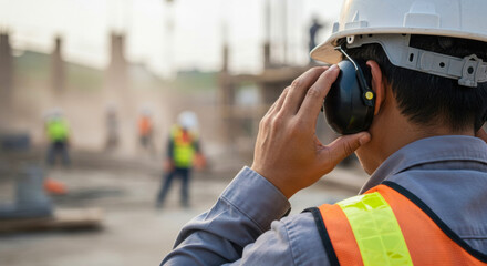 Construction worker wearing ear protection at a busy construction site during daylight hours