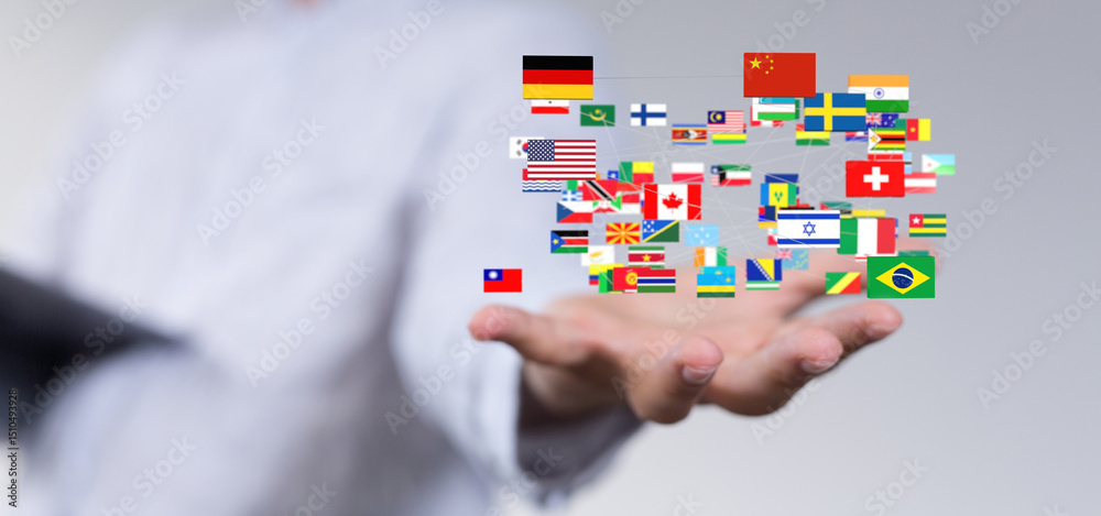 Poster image of a hand holding various flags, symbolizing global connection and international relations.