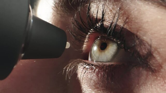 Close-up of eye pressure measurement with a modern applanation tonometer. Concept of ophthalmologic diagnostics and modern technologies.