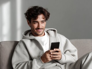 A man in a casual grey sweatshirt relaxes on a couch while texting on his smartphone.