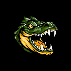 Fierce crocodile head illustration in vector design with angry expression against a black backdrop