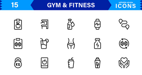 Modern Gym and Fitness Icons Showcasing Dumbbells, Muscles, Routines, Bodybuilding, and Active Lifestyle in an SEO-Optimized Vector Format