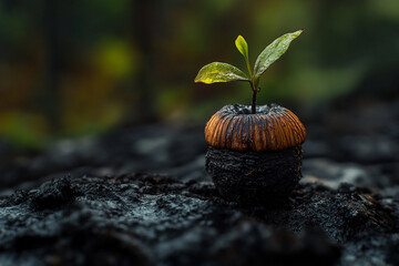A burnt acorn with a new sprout growing from it