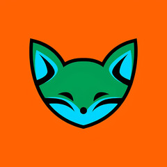 Simple stylized fox face design in green and blue with orange background colors.