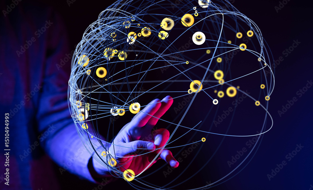 Leinwandbilder Abstract image depicting a hand interacting with a glowing digital network sphere. Represents global connectivity, technology, and data.