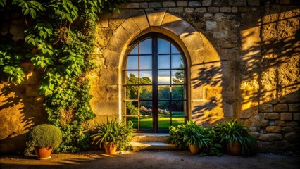 Obraz premium Montargis Silhouette: Arched Window, Stone Wall, Garden Photography