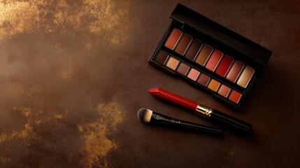 Makeup palette and lipstick with brush on a table and brown background