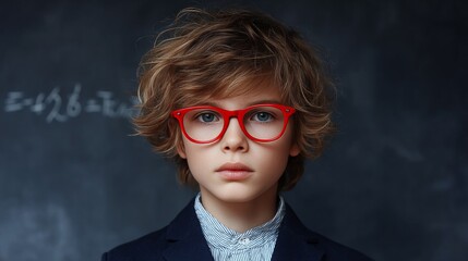 The young boy exudes an air of academic sophistication with his red glasses and the backdrop of a blackboard.
