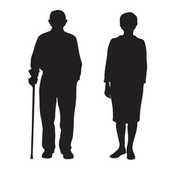 Silhouette of elderly couple senior citizens with cane vector graphic