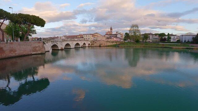 Tiberio Bridge, Rimini Italy. Roman empire bridge. Slow motion