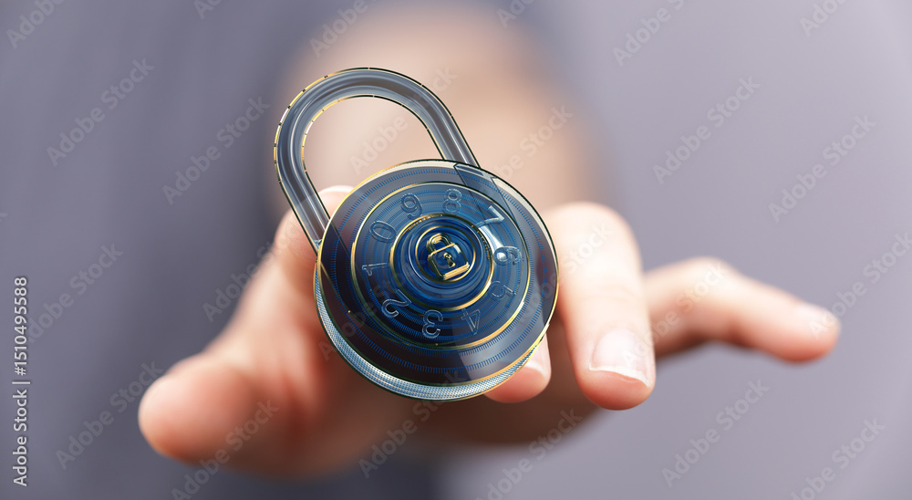 Poster Secure your data.  Image of a hand holding a digital combination lock.