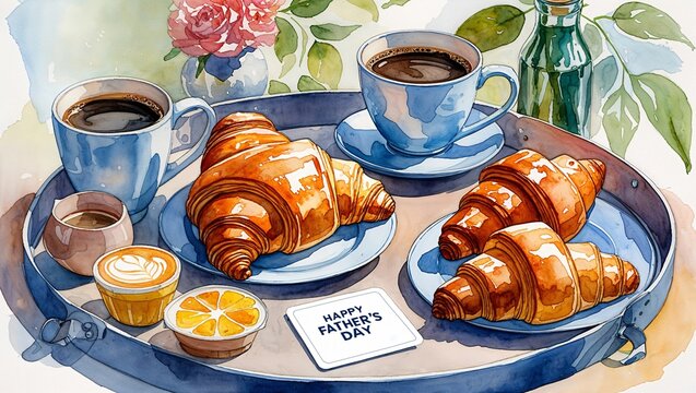 Father's Day breakfast scene in watercolor, croissants, coffee, gift card on a tray, hand-lettered style - Powered by Adobe