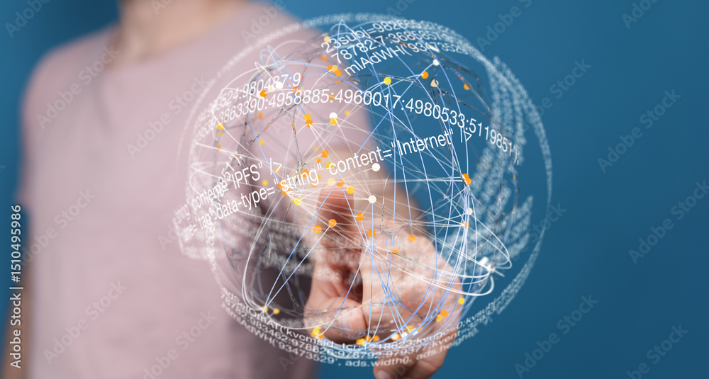 Poster abstract image of a hand interacting with a digital globe representing data connections and internet