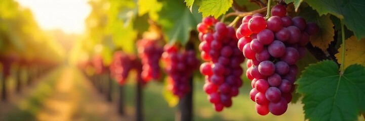 Sunlight streams through the leaves onto rows of ripe, red grapes hanging heavy on the vine, ready for harvest A beautiful autumnal scene of abundant fruit , wine industry, leaves, vineyard landscape