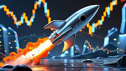 Metallic rocket launching with fiery thrust among stock market charts and financial graphs in a futuristic digital investment environment

 - Powered by Adobe