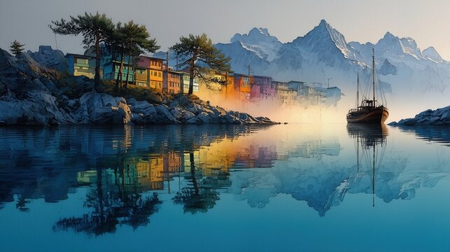 Watercolor Painting of a Colorful Mountain Village and Sailboat Reflection in Lake