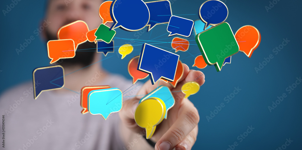 Poster abstract image of colorful speech bubbles connected, symbolizing communication and networking.
