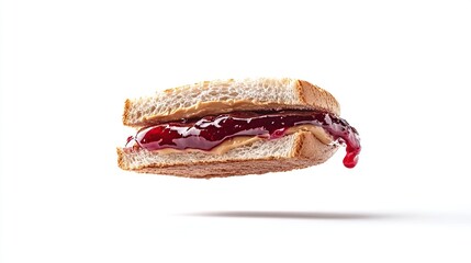 A single peanut butter and jelly sandwich slice, levitating against a white background, showing peanut butter and jelly spread