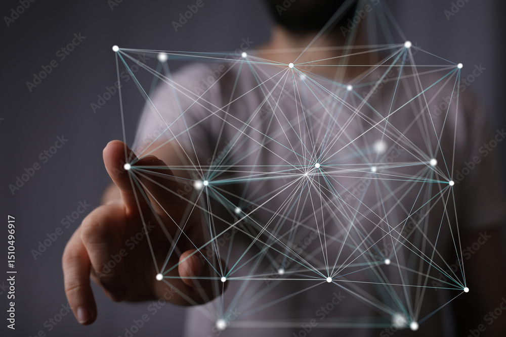Poster abstract image of a hand interacting with a digital network, representing connection and technology.