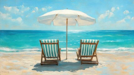 Beach scene painting with two striped chairs and umbrella