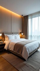 Luxurious motel suite with plush bedding, modern amenities, and a chic, minimalist design Enjoy the upscale comfort and stylish decor Perfect for a relaxing getaway , cozy, duvet, tidy