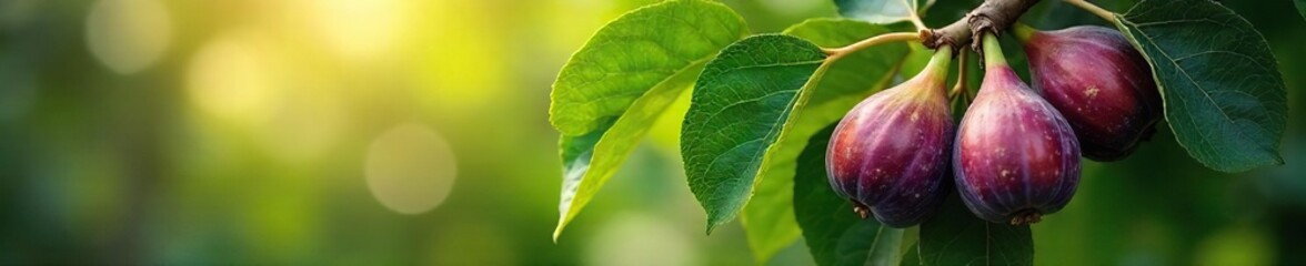 A mature fig tree laden with ripe, purple figs, leaves displaying intricate veining, sunlight dappling through the foliage , autumn, farming