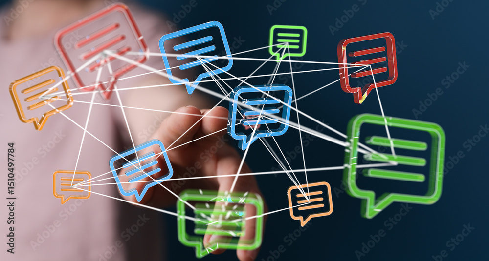Poster abstract image of interconnected speech bubbles, representing global communication and networking.