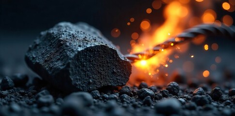 Close-up of a blackened, partially-consumed coal briquette next to a sparking electrical wire, symbolizing the energy transition from fossil fuels to electricity , combustion, power, energy crisis