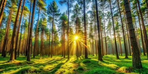 Obraz premium Panoramic Summer Pine Forest, Lush Green Trees, Scenic Nature Photography, Beautiful Woodland Landscape