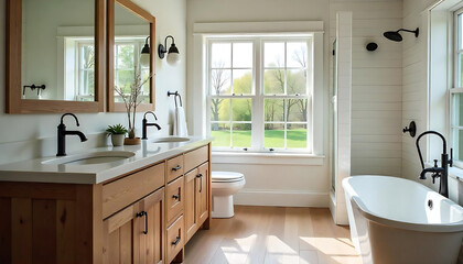 Beautiful bathroom in luxury home with double vanity, bathtub, mirror, sinks, shower, and hardwood floor