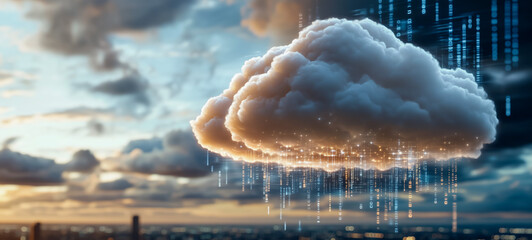 Digital cloud with data streams against a sunset sky backdrop