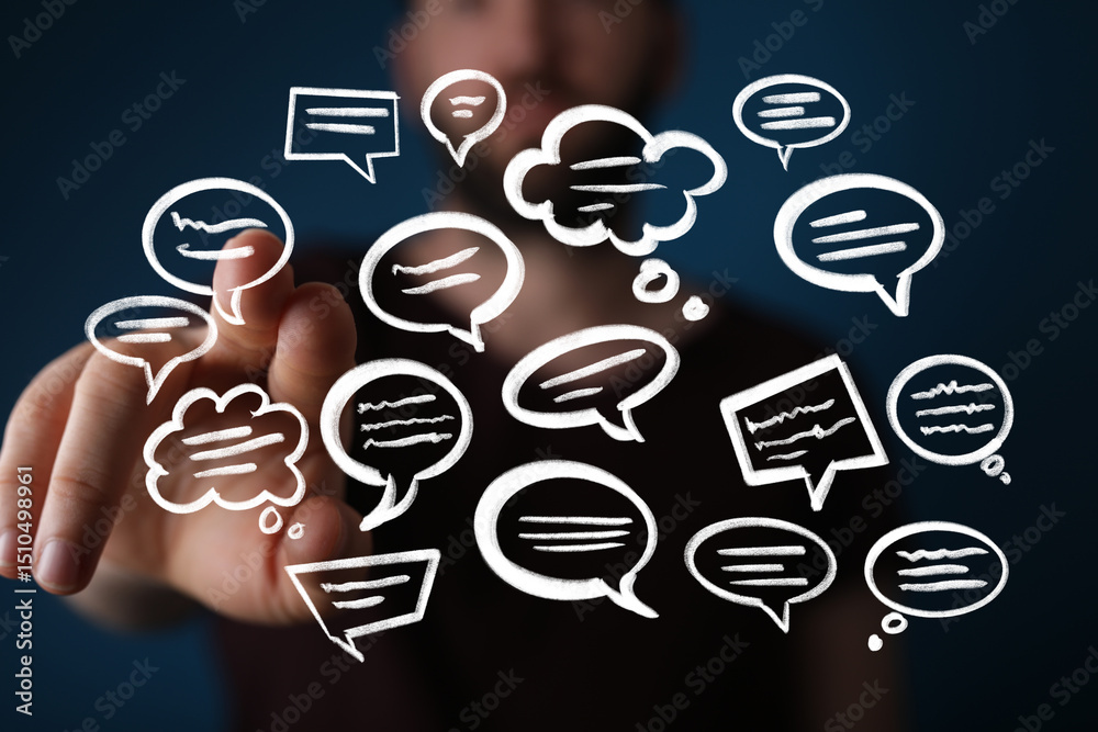 Aufkleber Abstract image of a person interacting with digital speech bubbles, symbolizing communication, conversation, and social media.