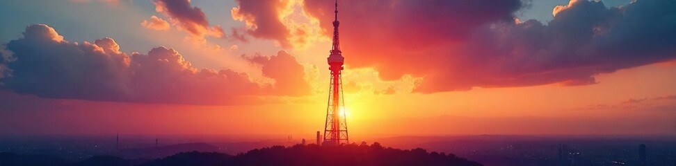 A tall, imposing broadcast tower stands against a vibrant sunset sky, its antenna reaching towards the heavens, signifying communication and technological advancement , wireless, sunset, majestic