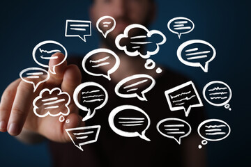 Abstract image of a person interacting with digital speech bubbles, symbolizing communication,...