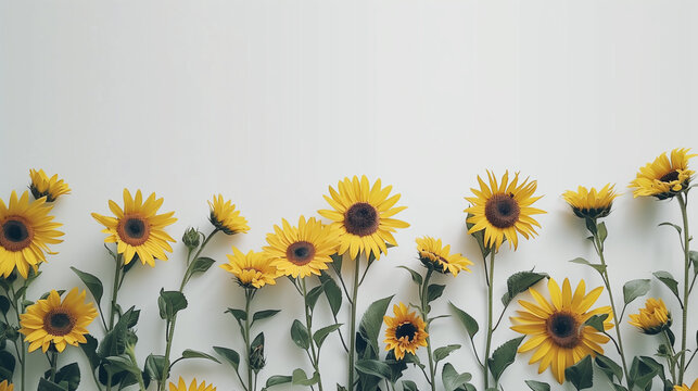 Realistic sunflower border with empty white space &mdash; horizontal floral layout for greeting cards or website header