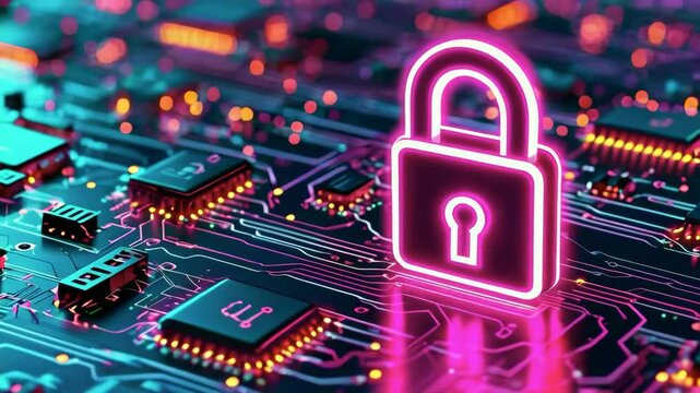 Glowing digital lock surrounded by binary code and data streams - cybersecurity concept, data protection symbol, secure network access, information security, technology shield