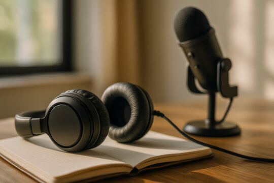 Headphones and microphone on wooden desk with notebook
