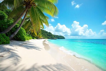 Sun-drenched white sand beach, turquoise ocean waves gently lapping the shore, lush palm trees swaying in the tropical breeze A postcard-perfect scene of paradise , clear water, exotic