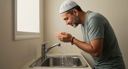 Muslim man performing ablution while washing hands at sink  