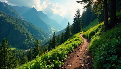 A winding mountain hiking trail disappears into a lush forest, sunlight dappling through the canopy Perfect for adventure, nature, and travel themes , woods, forest trail