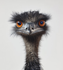 A full-body photograph of an emu on a white background, high-resolution photography
