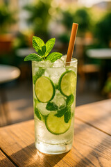 Refreshing mojito cocktail with mint and lime on wooden table