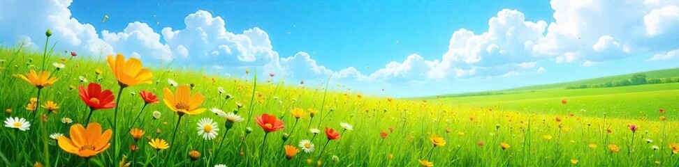 A vibrant green field with blooming wildflowers under a clear blue sky, celebrating the beauty of our planet on Earth Day , conservation, ecology