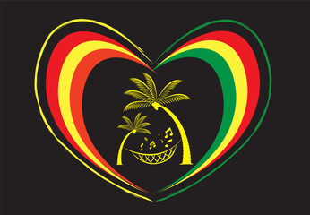 Reggae Heart and Palm Trees with Musical Note. Editable Clip Art.