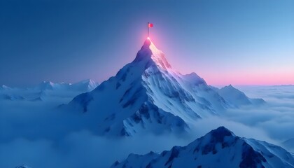 Red Flag on Snowy Mountain Peak at Sunrise, Success, Achievement, and Motivation Concept