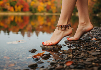 Feet with orange pedicure and boho anklet near autumn lake with colorful foliage

