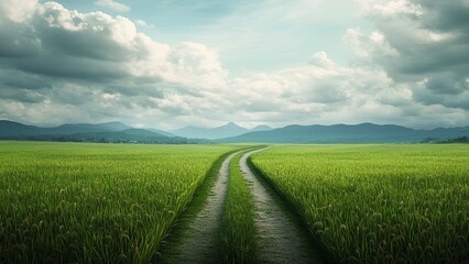 Scenic Rural Path Through Lush Green Rice Fields with Mountain View
