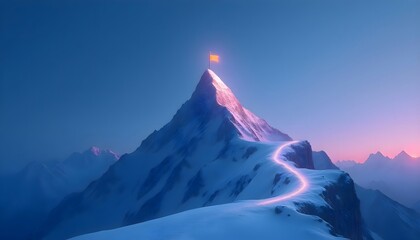 Path to Success on Mountain Peak with Glowing Trail and Red Flag